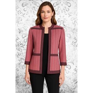 Ming Wang Womens M Open Front Knit Jacket Pink Black Trim Textured Blazer